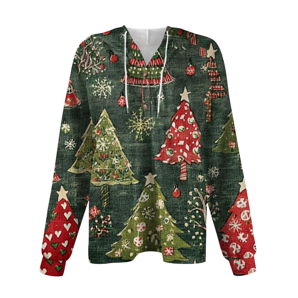 Женская мода с длинным рукавом, завязками на шнурке, капюшоном, пуговицами, V-образным вырезом, повседневная толстовка с капюшоном и рождественским принтом