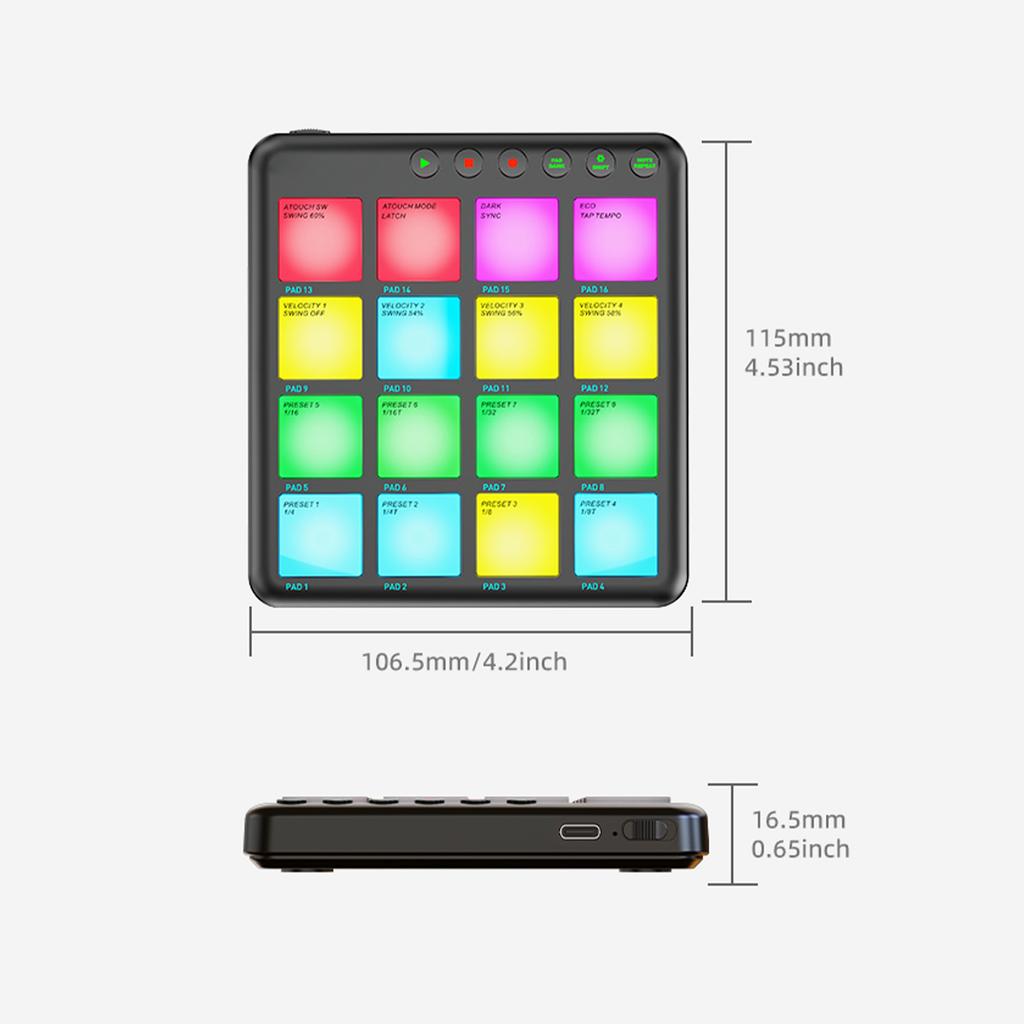 MIDI-контроллер 16 клавиш Динамические RGB-пэды BT Беспроводной MIDI-пэд Перезаряжаемый Портативный Plug and Play для Музыкального Производства