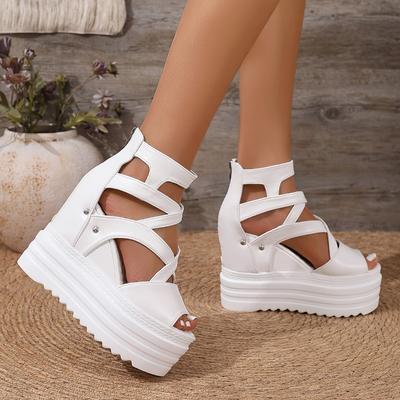 Женские белые сандалии-клинья из искусственной кожи - Экстра высокий каблук 12 см, Открытый носок с вырезом, Глянцевая отделка, Застежка-молния сзади для повседневной носки