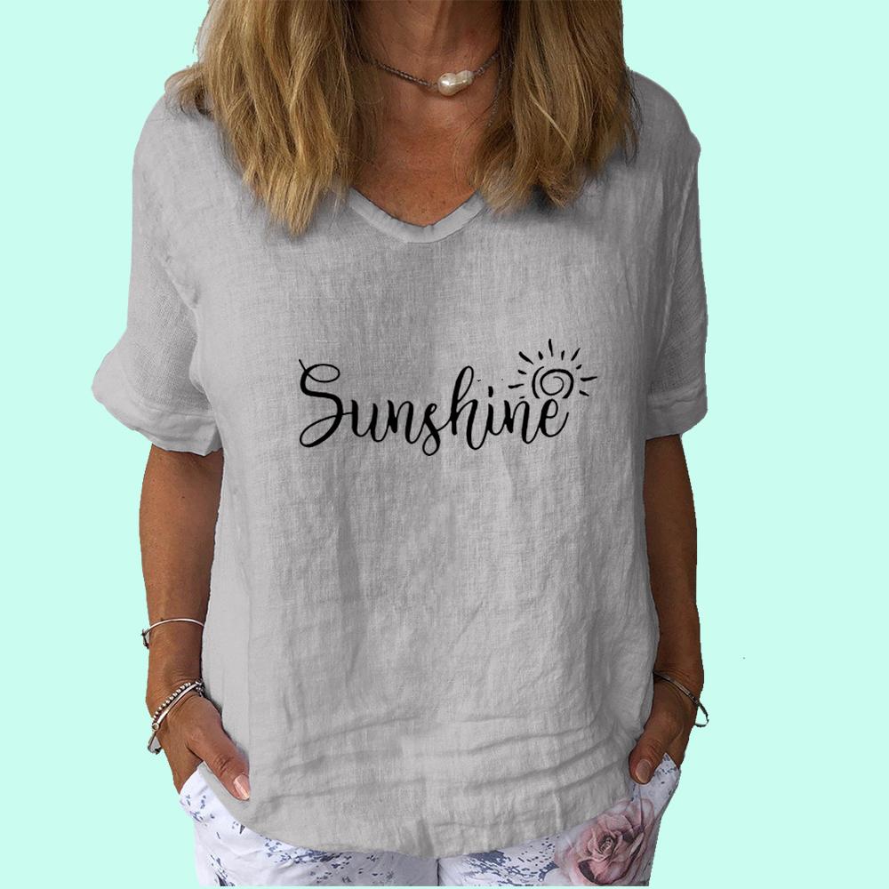 Женская модная футболка с V-образным вырезом, повседневная, из хлопка и льна, с коротким рукавом, женская футболка с принтом