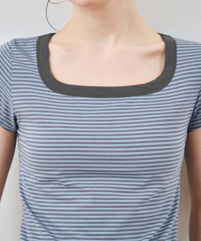 MONGDOL Square Neck Striped Short Sleeve T-Shirt Blue Mdts098Blue
