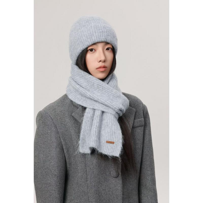 October siege knitted scarf women's autumn and winter hat women's new versatile solid color soft waxy warm containing wool two-piece set