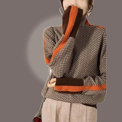 Ленивый свободный цельношерстяной свитер с рукавами контрастного цвета и высоким воротником, женский осенне-зимний женский свитер