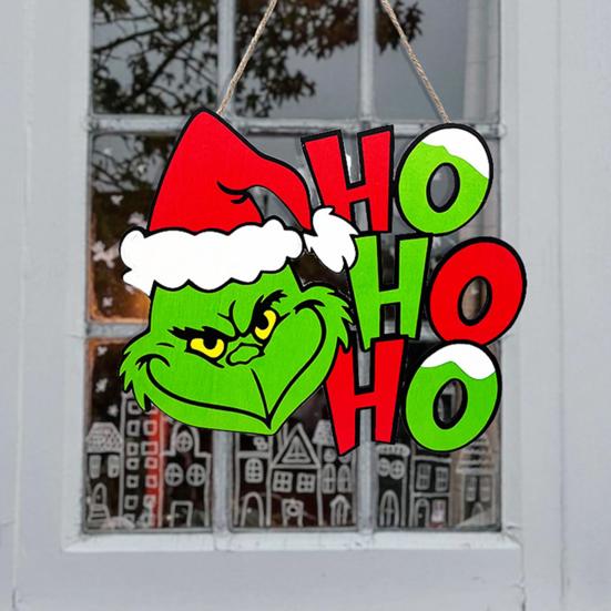 Christmas Hanging Sign Wooden Seasonal Door Wall Sign Santa Hat Green Elf Holiday Decor