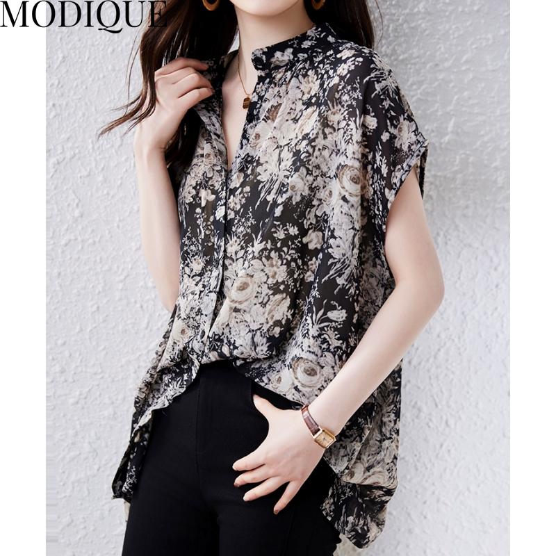MODIQUE Лето Большие размеры Новые женские свободные винтажные шифоновые тонкие блузки с цветочным принтом Рубашки Пальто Женские повседневные оверсайз с короткими рукавами и v-образным вырезом Футболка