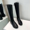 Women's Boots Black Shoes For Woman With Laces Footwear Lace-up Long Winter Knee High Shaft Middle Heel Chic Point Hot Offer Pu