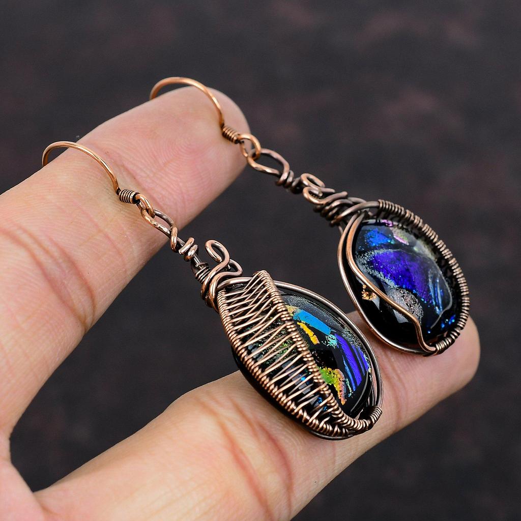 Серьги из американского дихроичного стекла, серьги из медной проволоки, серьги ручной работы, серьги из натурального драгоценного камня, медная проволока, ювелирные изделия, женский специальный подарок