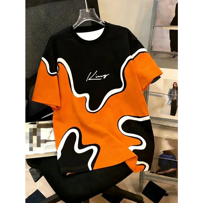 European and American men's summer spliced striped letter print soft and breathable round neck T-shirt outdoor casual top