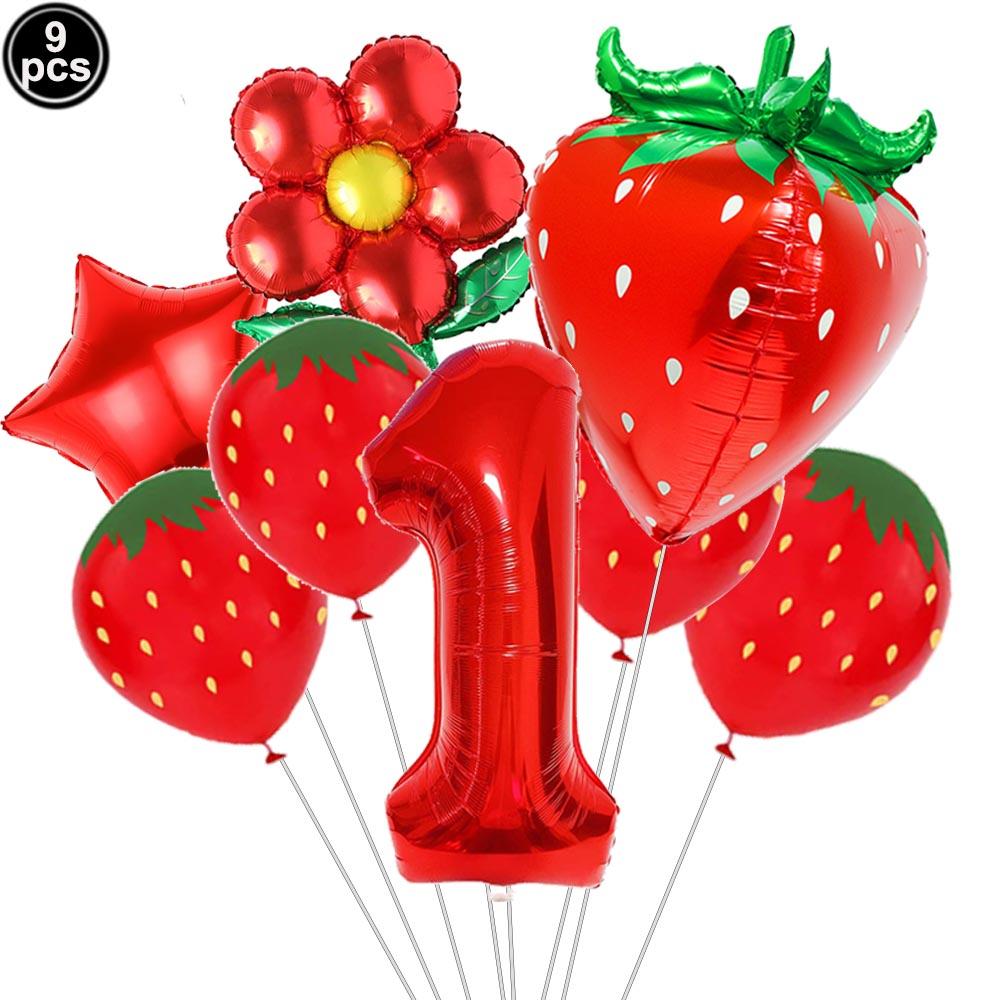 9pcs Strawberry Balloons Kits Birthday Decorations for Girls 32inch 0-9 Number Balloons for Strawberry Birthday Party Decors