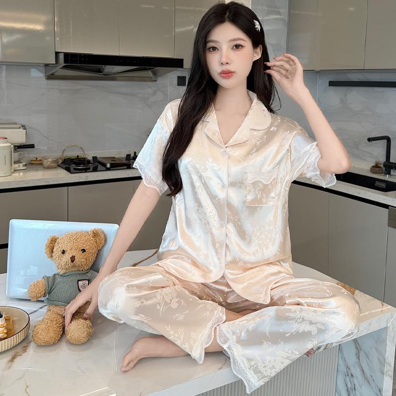 Ice Silk Pajamas Women'S Short-Sleeved Trousers Summer Silk Cute Kitten Jacquard Student Loungewear Set