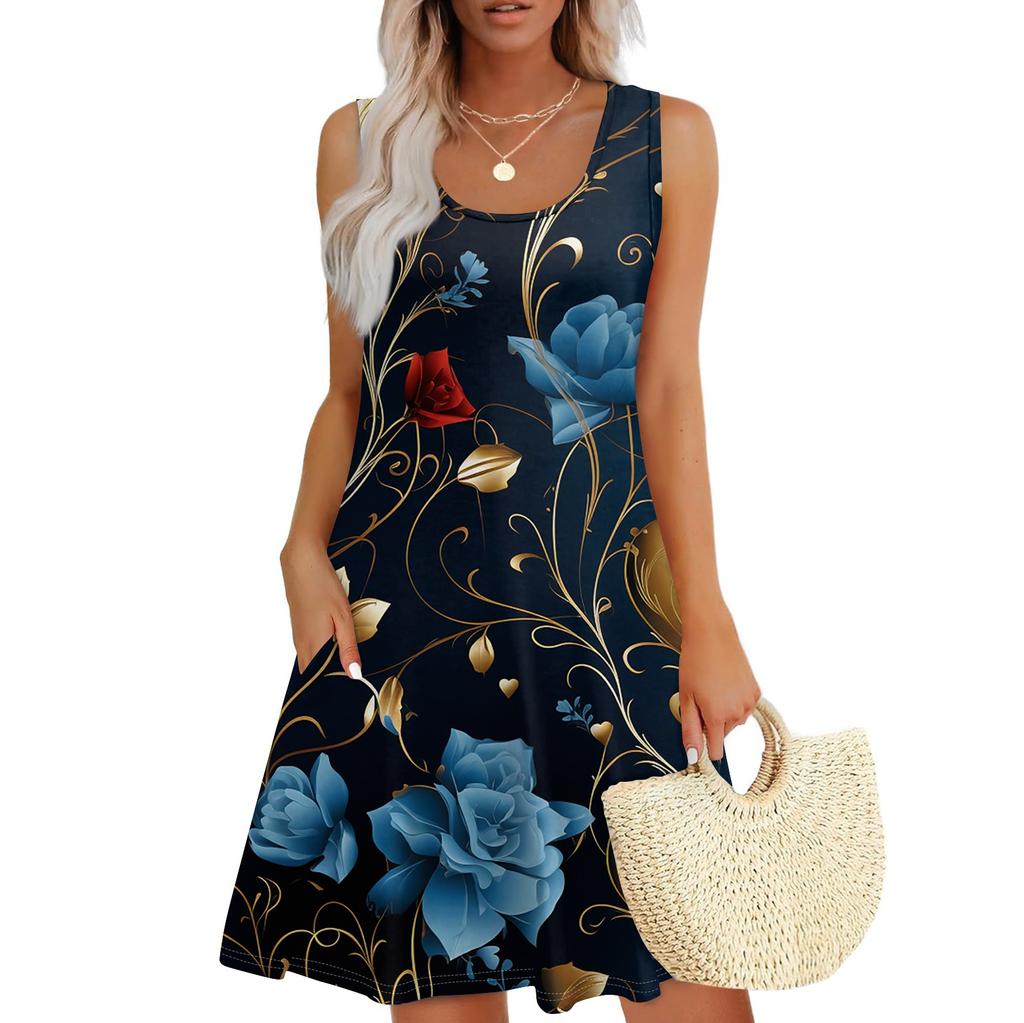 Женский повседневный сарафан с карманами, летнее пляжное платье в стиле бохо, праздничные платья для женщин, футболки, платья с U-образным вырезом, свободные платья-майки