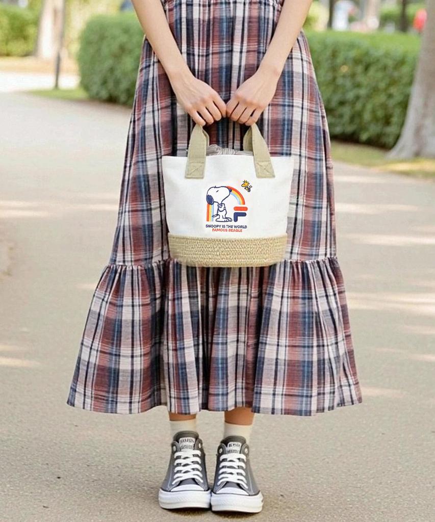 Tote Snoopy PEANUT Basket Ribbon Drawstring Picnic Walking Travel Summer Fp5028 Mini Beige [FILA] Bag, Collaboration, Canvas, Bag, Tie, Bag,
