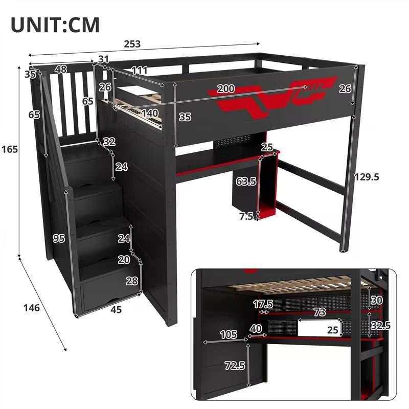 Gaming loft bed (140 x 200 cm) with desk, stairs with storage, LED lighting and USB port, Black