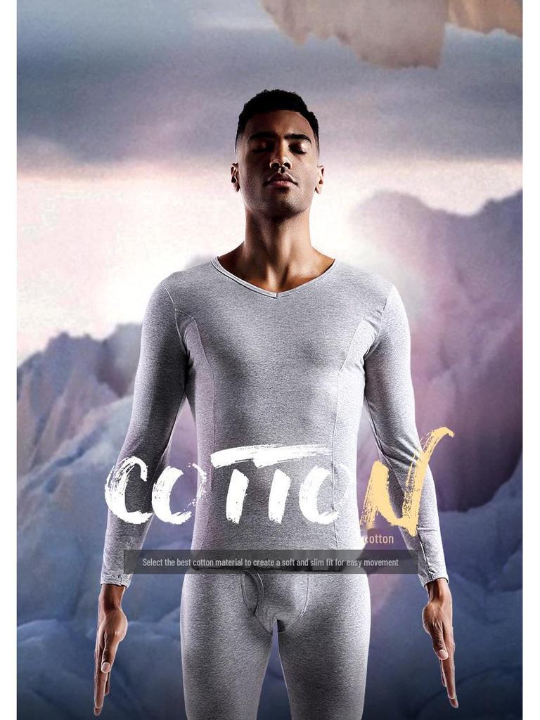 Комплект мужского хлопкового термобелья для молодежи – тонкий, облегающий, с V-образным вырезом, низким воротником, осенняя рубашка и брюки.