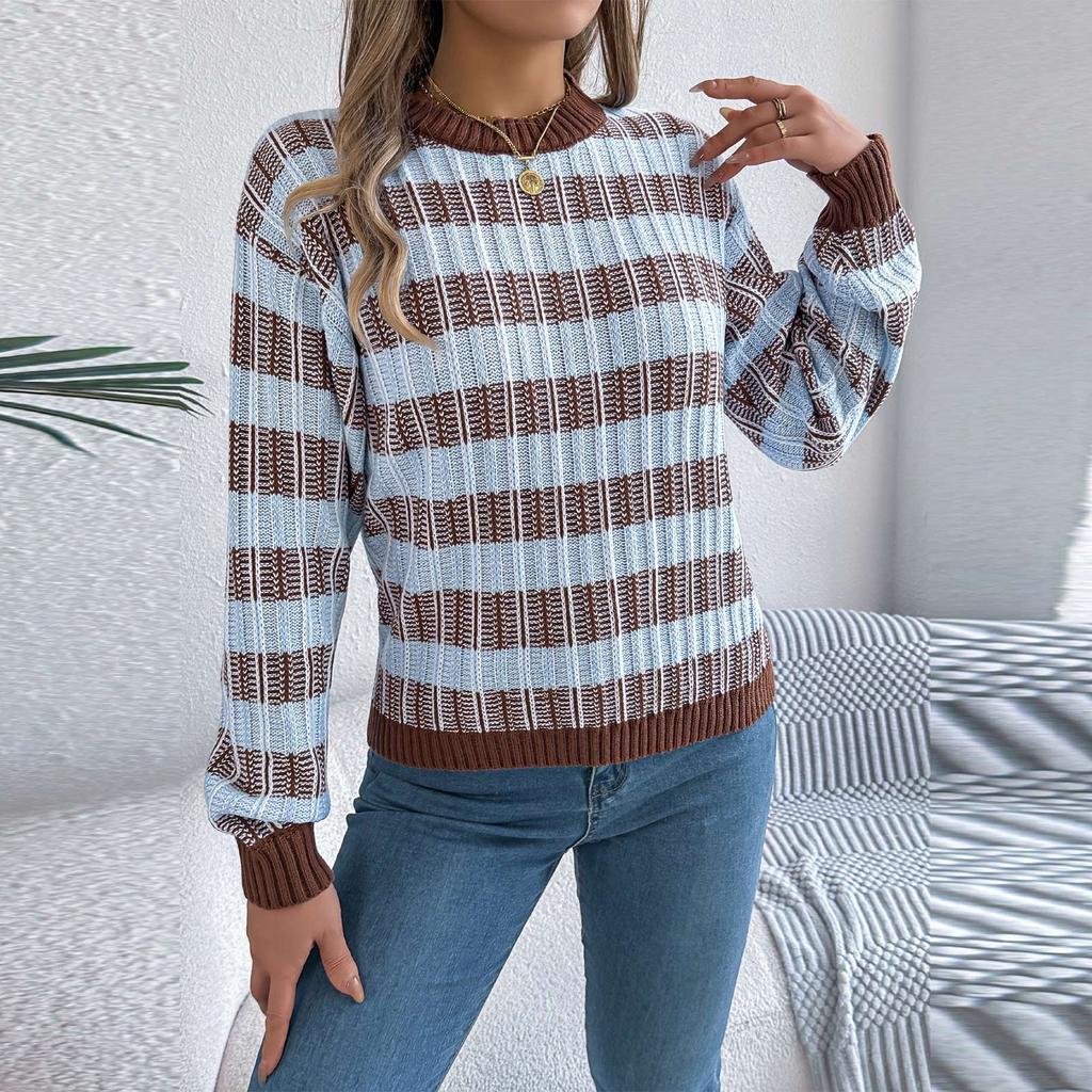 Women's Round Neck Vintage Striped Long Sleeve Pullover Sweater