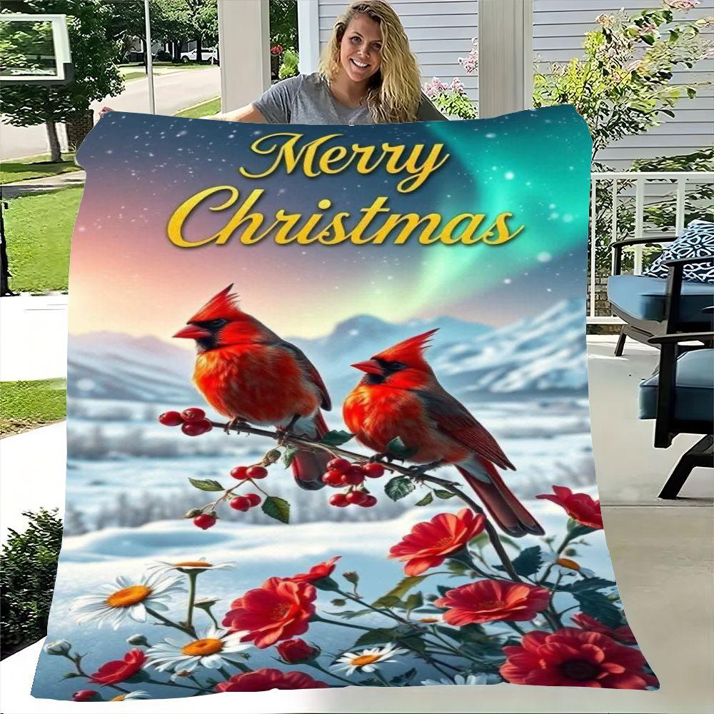 Счастливого Рождества Праздничный Уютный Плед - Мягкий Плюшевый Флисовый Плед с Яркими Красными Кардиналами и Снежным Зимним Пейзажем, Идеальный