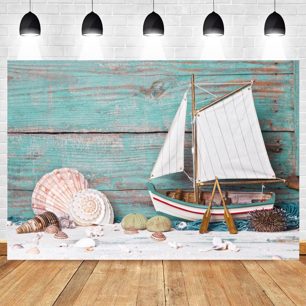 Nautical theme baby party background for photography, sailboat, boat, starfish, wooden board, sailor portrait, Photo background