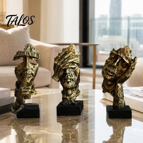 Talos Набор из 3 абстрактных молчаливых статуэток-фигур, Минималистичный арт-декор для стола с позами «Палец к губам», «Закрытые глаза» и «Подбородок на руке», Статуэтки из смолы для гостиной