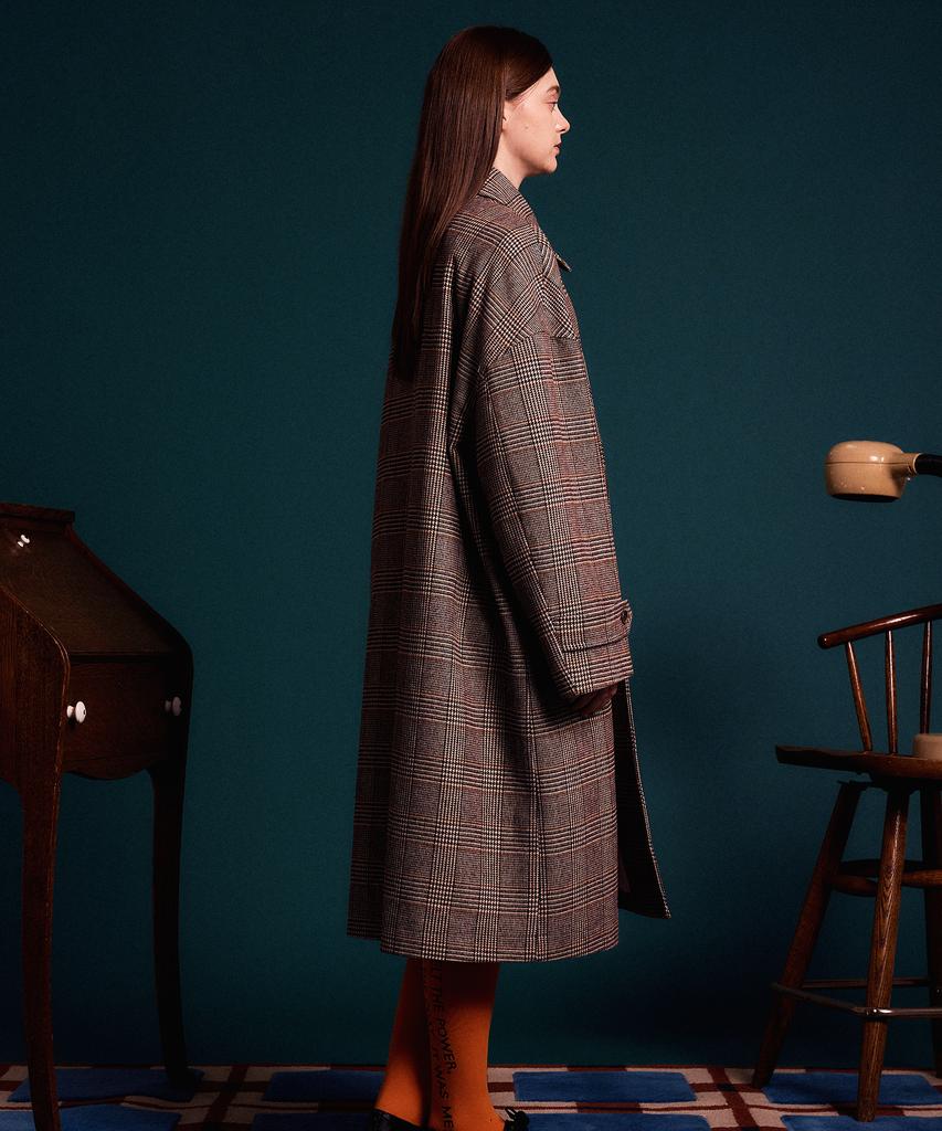 Soifucan Plaid Loose Fit Long Duffle Coat