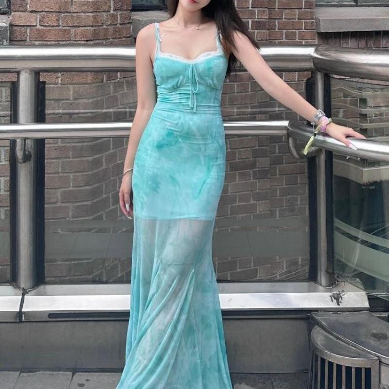 Light Green Floral Print Mesh Slip Dress Women Beach Vacation Party Sexy Bodycon Mermaid Long