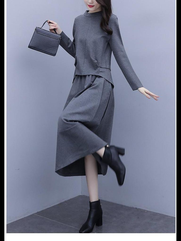 Женское платье-двойка больших размеров с длинными рукавами - коллекция осень/зима 2020, стильная повседневная мода для полных людей с небольшим весом.