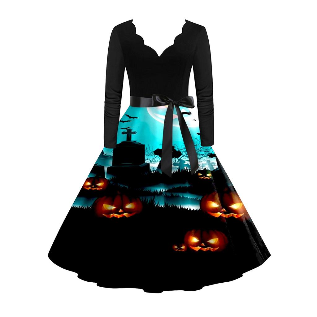 Платье с расклешенным принтом на Хэллоуин для женщин, платье с длинным рукавом, полые вечерние повседневные платья