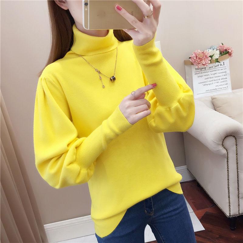 Женский пуловер с высоким воротником, свитер, теплый зимний свободный вязаный джемпер с рукавами-фонариками больших размеров