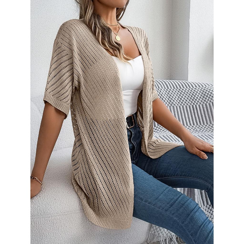 HNXC Summer Hollowed-out Short-sleeved Knitted Cardigan for Vacation Sun Protection Women's Wear