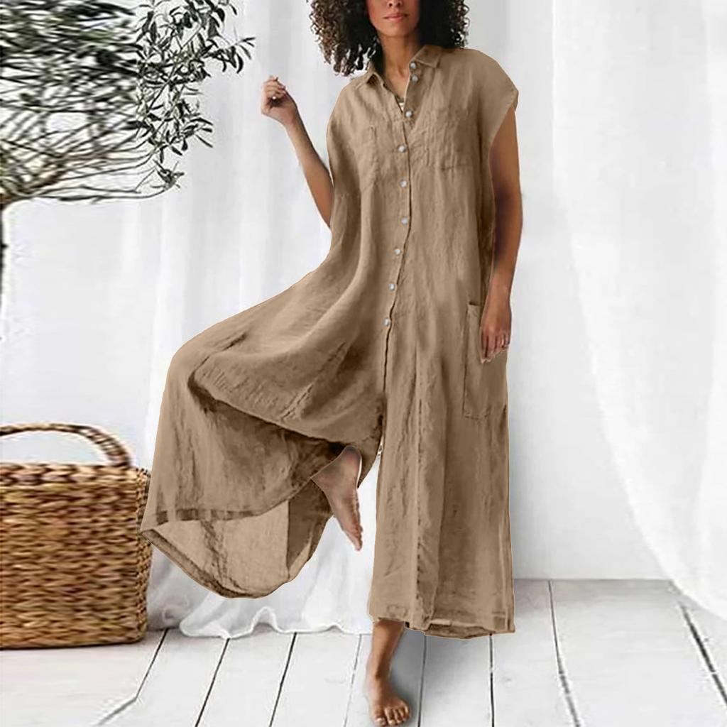 Women's Solid Color Three Quarter Sleeve Collared Button Down Linen Wide Leg Jumpsuit Casual Spring Long Romper With Pockets