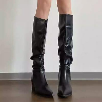 Зимние винтажные женские сапоги до колена, лаконичные слипоны на толстом каблуке, с квадратным носком, рыцарские длинные ботильоны, новинка 2025