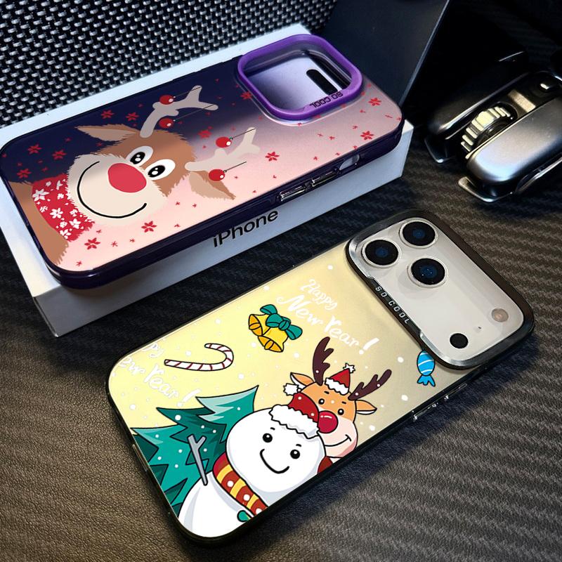 Plush Reindeer and Christmas Snowman Design IMD Hard Case For iPhone 17 Pro Max Air 16 15 14 13 Shockproof Cover