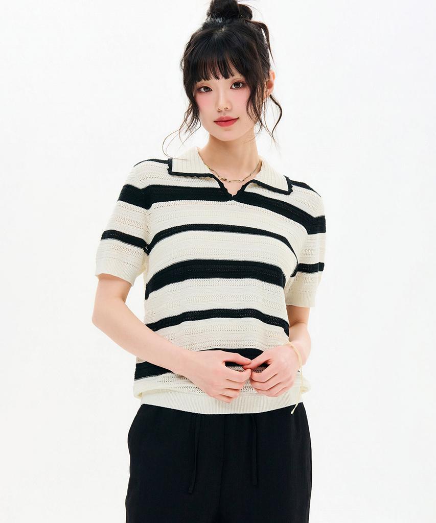 CHASECULT Women'S Striped Open Collar Short Sleeve Summer Knit-Fbrg5672D0A
