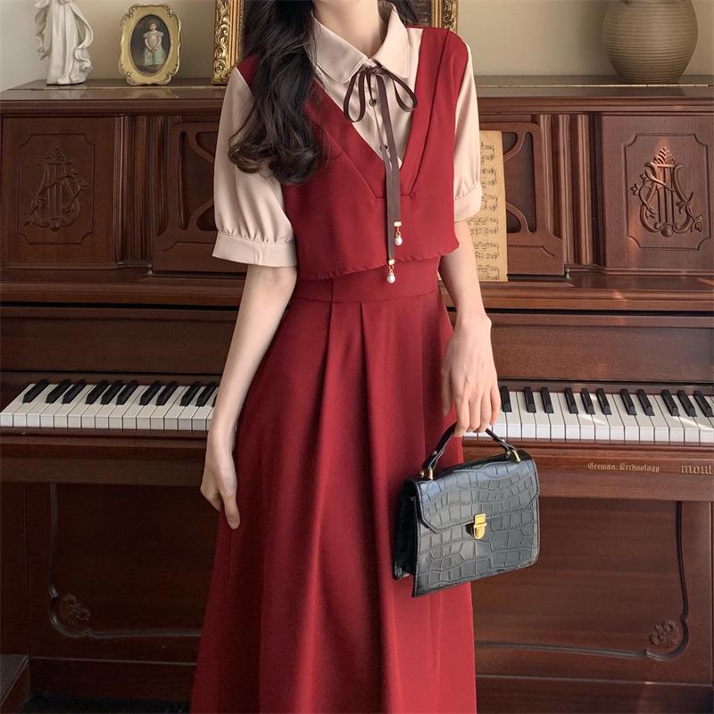 Женское ретро платье пэчворк мини на лето: Стиль колледжа, Короткий рукав, Большой размер, Свободный крой, Стройнящий эффект двух предметов