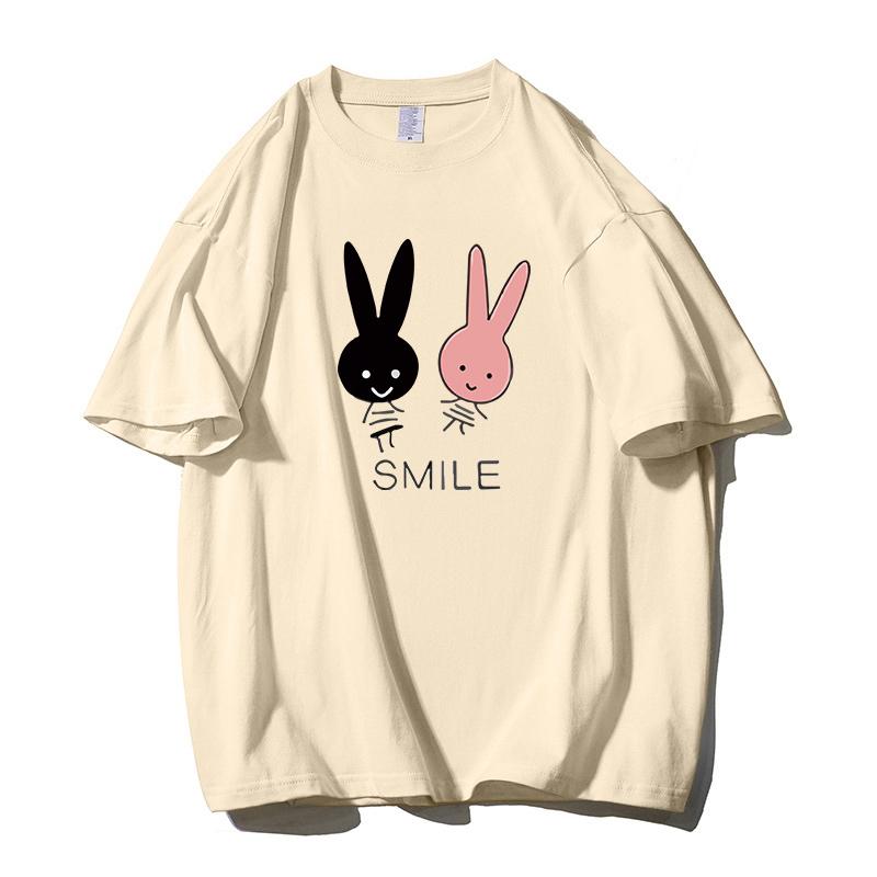 Shellsuning Cute Bunny Graphic Printed T Shirts Women Summer Casual Loose O Neck Short Sleeve Tees Female Trendy 100% Cotton Tops Lady