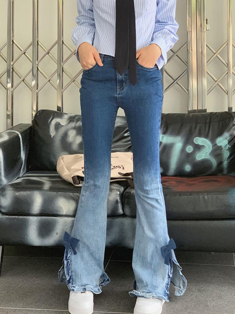 Denim Vintage Contrast Color Flare Pants Women Japanese Sweet Bow Elegant Jeans Female Korean Style Open Fork Casual Jeans 2024