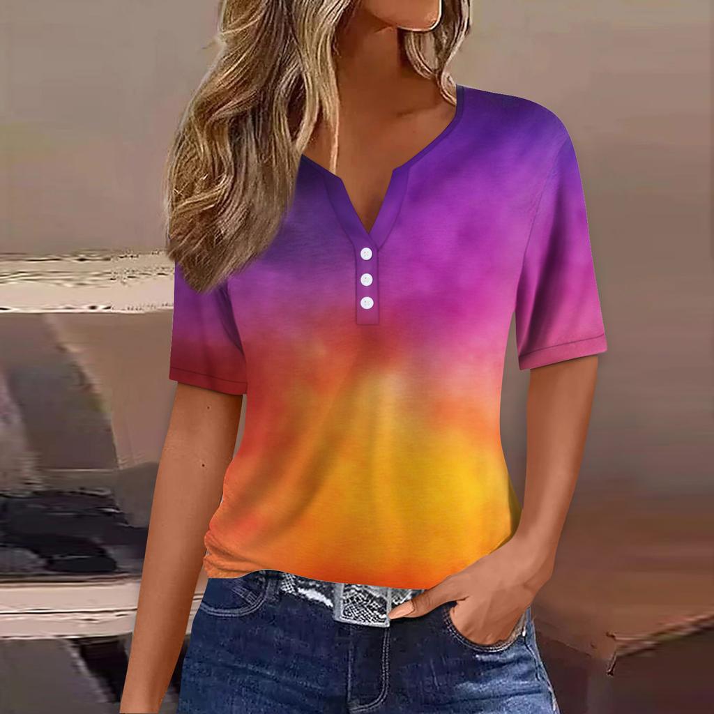 Женская футболка Футболка Принт Пуговица Короткий рукав Повседневная Мода для выходных Базовая V-образный вырез Обычный топ