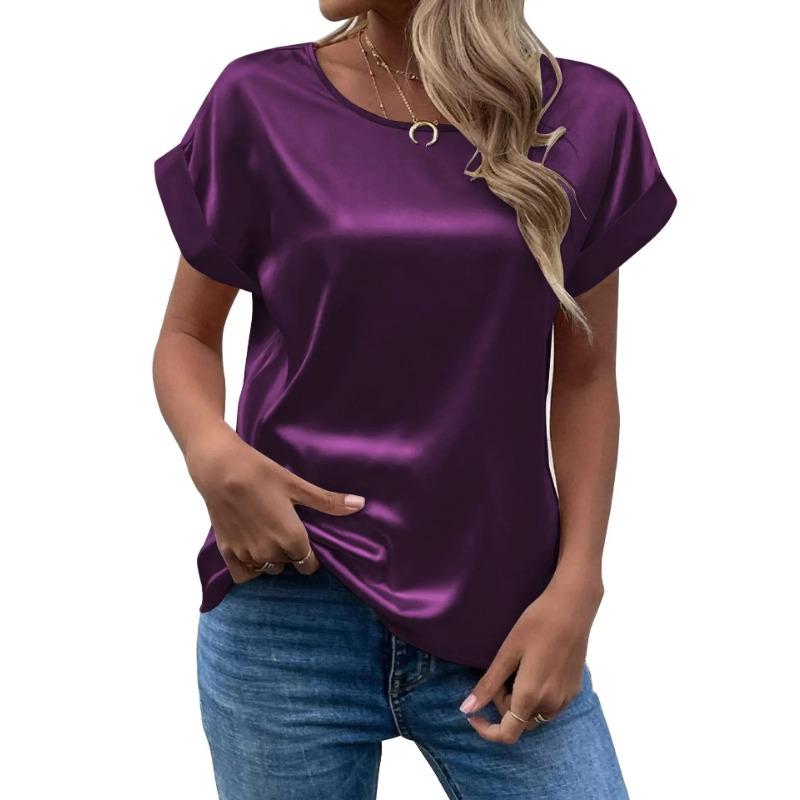 Spring and Summer New Women's Short Sleeve Satin Shirt Loose Casual Round Neck Colored Ding T-shirt Women