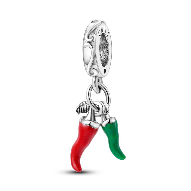 925 Silver Red Color Charms Bead Lipstick High Heels Heart Strawberry Dangle Fit Bangle Bracelet DIY Jewelry
