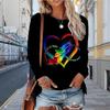 Топы для женщин, разноцветный принт в форме сердца с перьями, круглый вырез, длинный рукав, футболка, осенний повседневный тонкий пуловер, женский топ с длинным рукавом
