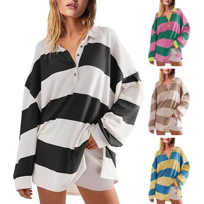 Женская толстовка с цветными блоками, полосатым отложным воротником, длинными рукавами, пуговицами, свободным пуловером, повседневная домашняя одежда, спортивная одежда