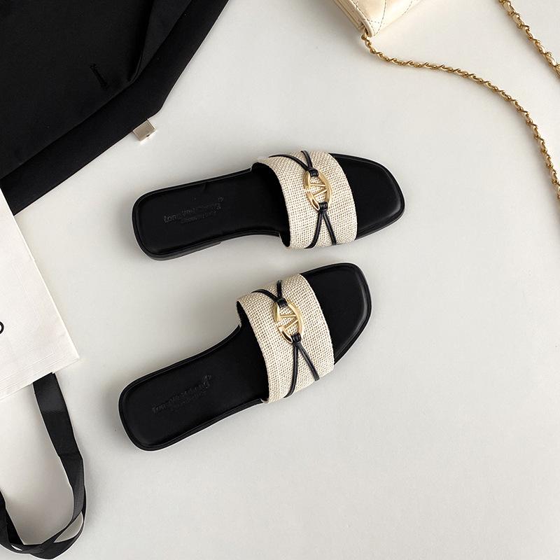 Французский квадратный носок повседневный универсальный слово со шлепанцами женская летняя одежда мода отпуск пляж путешествия шлепанцы на плоской подошве женские