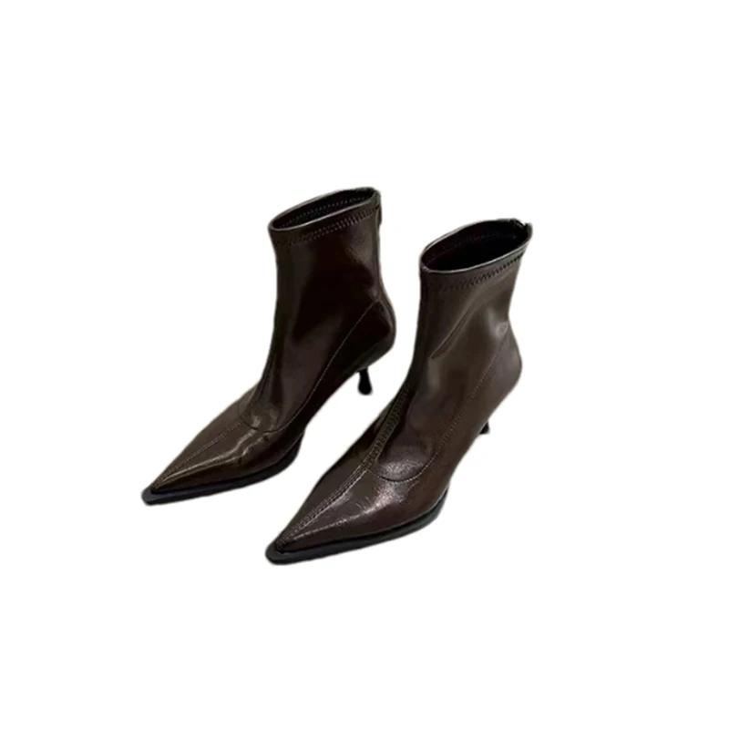 Женские кожаные ботильоны с острым носком, элегантные туфли на среднем каблуке, женская мода 2025 года, зимние туфли-лодочки, ботинки челси, женские ботинки