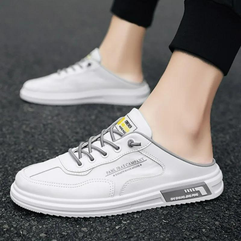 Модные тапочки для мужчин, парусиновая обувь, летняя студенческая универсальная обувь для ходьбы, дышащая повседневная обувь на плоской подошве, мужские полутапочки