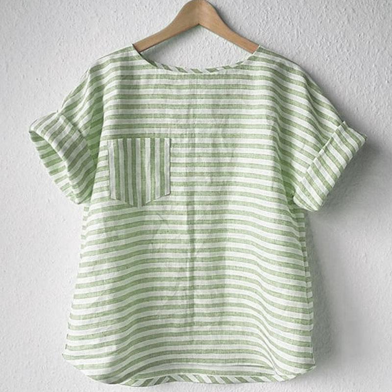 ZANZEA Женский летний топ с круглым вырезом, короткими рукавами и контрастными полосками и передним карманом