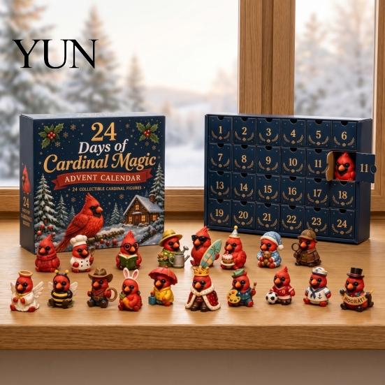 Holiday Countdown Gift Red Bird Christmas Advent Calendar, 24 Unique Miniature Collectible Doll Ornaments Figurines, Tree Hanging for Gifts