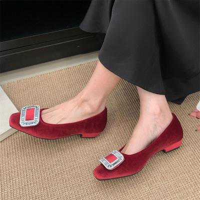 IPPEUM Балетки Туфли со стразами для женщин 2025 Новые с квадратным носком Красные бархатные туфли-балетки Женские