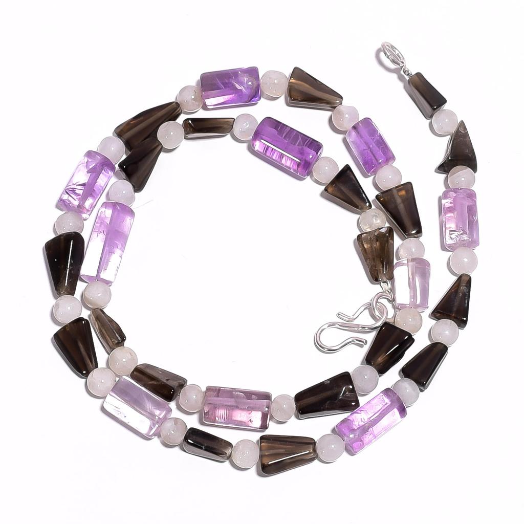 Natural Amethyst Smoky Quartz Moonstone Gemstone Beads Necklace 17" UB-4628 UB-4628