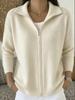 2026 Autumn/Winter Solid Color Zipper Lapel Knit Cardigan - Women's Loose Long Sleeve Sweater Coat