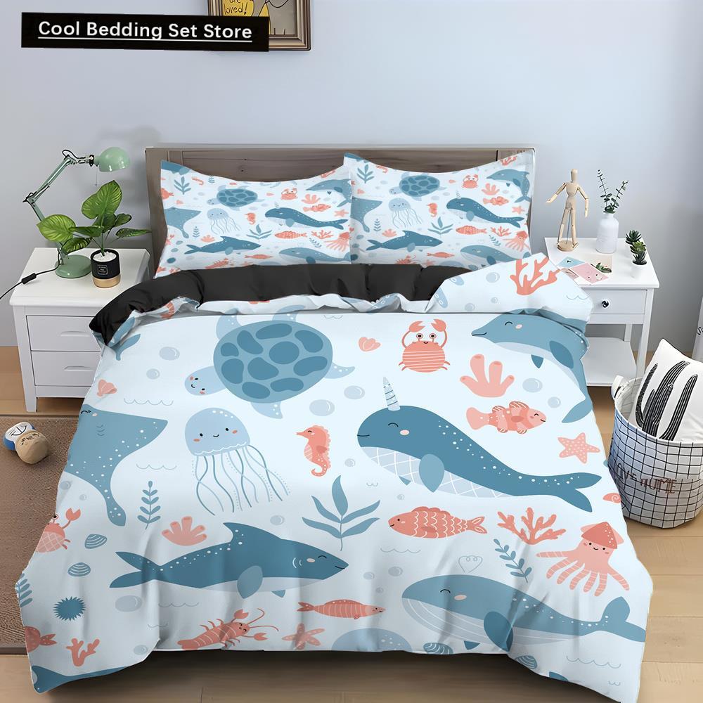 Bule Dolphin Whale King Queen Duvet Cover Underwater World Bedding Set Cartoon Sea Animal Comforter Cover Polyester Quilt Cover
