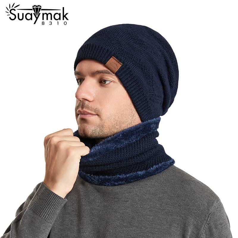 Cross-border Men's and Women's Same Hat Scarf Suit Korean Version Plus Velvet Pullover Cap Outdoor Warm Knitted Wool Cap